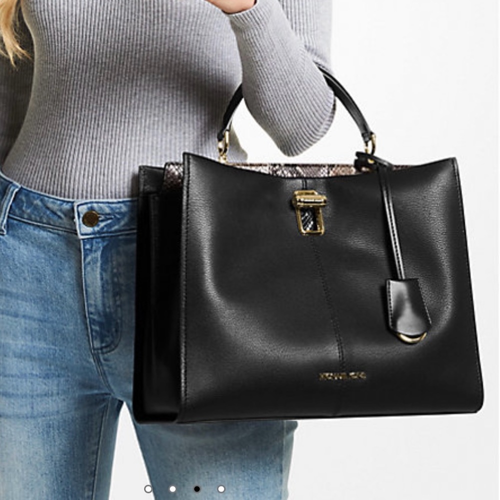 Michael Kors Black & Gold Penelope Large Leather Satchel - Picture 3 of 10